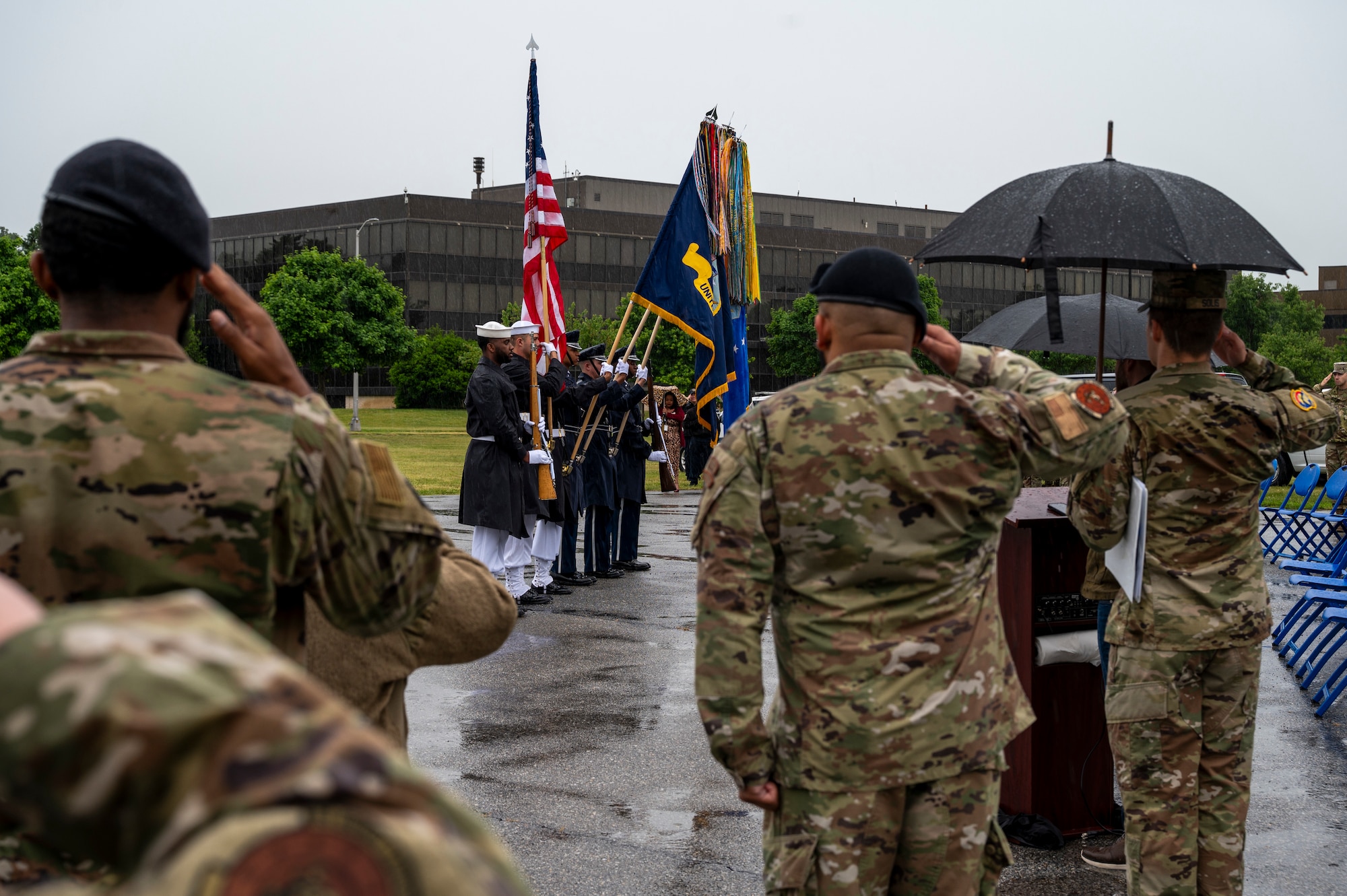 The Joint Armed Forces Color Guard presents the colors for the singing of “The Star-Spangled Banner” during the opening ceremony for National Police Week on Joint Base Anacostia-Bolling, Washington, D.C., May 11, 2026. JBAB has participated annually in Police Week, paying tribute to local, state and federal law enforcement officers for their service. (U.S. Air Force photo by Hayden Hallman)