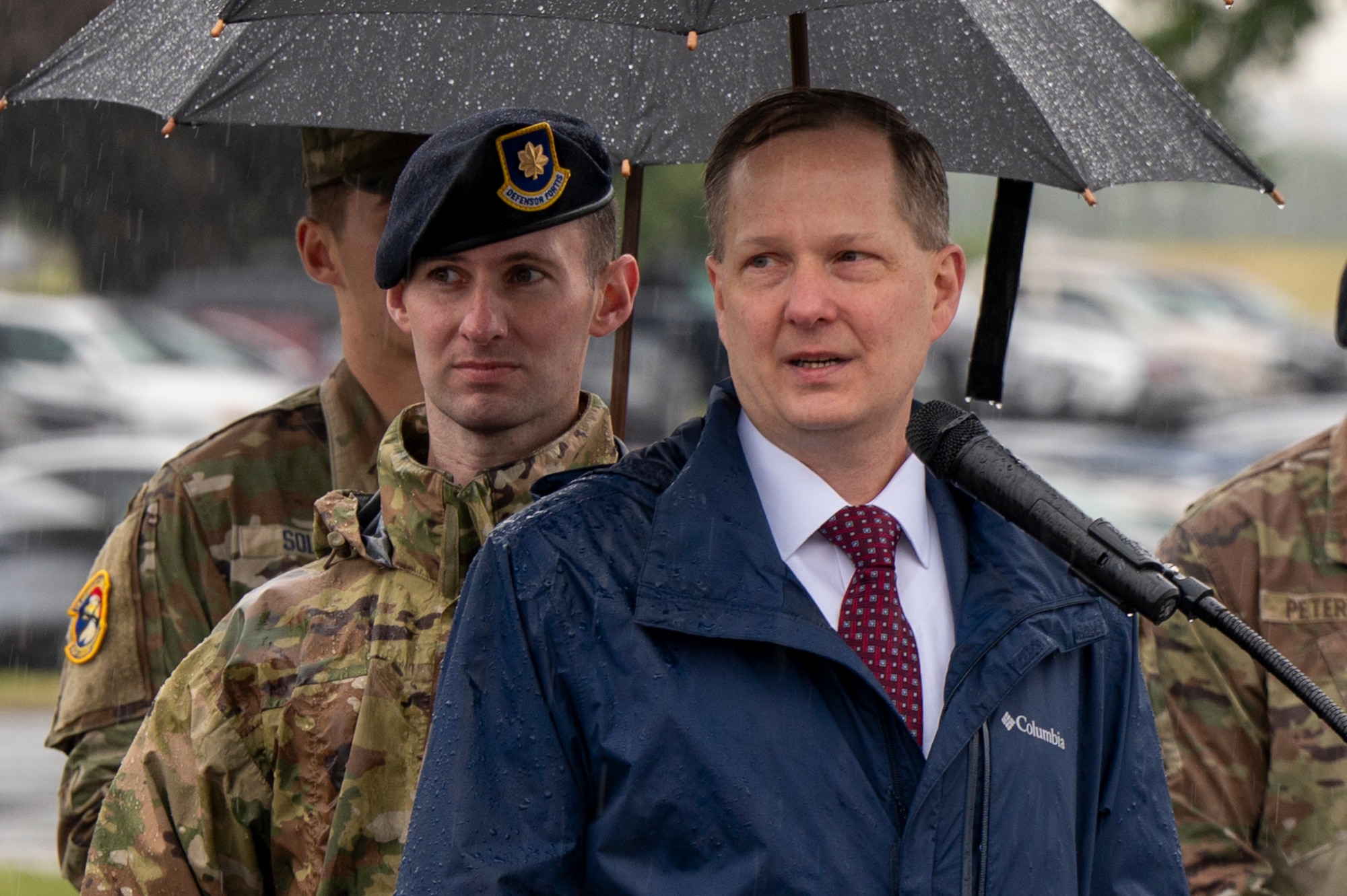Jason Knudsen, the U.S. Air Force’s acting deputy director of security forces, and deputy chief of staff for logistics, engineering and force protection, delivers remarks during the opening ceremony for National Police Week on Joint Base Anacostia-Bolling, Washington, D.C., May 11, 2026. Knudsen asked defenders to remember those who have made the ultimate sacrifice while serving and use Police Week as an opportunity to build camaraderie, strengthen resilience, and continue professional growth. JBAB has participated annually in Police Week, paying tribute to local, state and federal law enforcement officers for their service. (U.S. Air Force photo by Hayden Hallman)