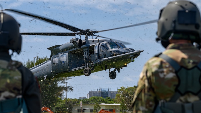 A U.S. Air Force HH-60W Jolly Green II assigned to the 33rd Rescue Squadron lands at Kadena Air Base, Japan, April 29, 2026. The squadron demonstrated its readiness to execute personnel recovery operations in complex and contested environments. (U.S. Air Force photo by Airman 1st Class Francisco Huerta)