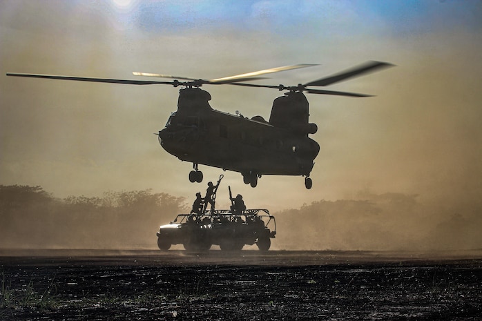 U.S. Soldiers assigned to the 2nd Battalion, 35th Infantry Regiment, 3rd Mobile Brigade, 25th Infantry Division, sling loads Infantry Squad Vehicles to a Boeing CH-47 Chinook during training as part of the Joint Pacific Readiness Center Exportable Exercise at Fort Magsaysay, Nueva Ecija, Philippines, May 10, 2026.