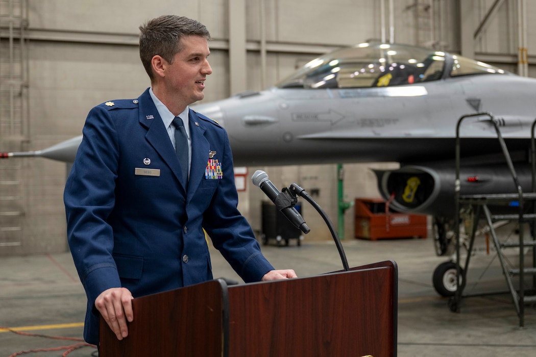 U.S. Air Force Maj. Harrison Gebs, 18th Fighter Interceptor Squadron commander, gives a speech during a change of command ceremony at Eielson Air Force Base, Alaska, May 8, 2026.