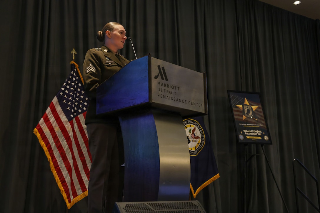U.S. Army Sgt. Ashleigh Maxwell, right, public affairs specialist with the Defense POW/MIA Accounting Agency speaks during the DPAA Family Member Update in Detroit, Mi., May 2, 2026.