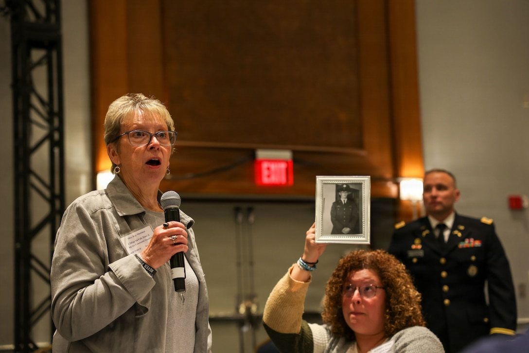 Kay Martinez, next of kin to U.S. Air Force Chief Master Sergeant Dean Arnold Duvall speaks during the Defense POW/MIA Accounting Agency Family Member Update in Detroit, Mi., May 2, 2026