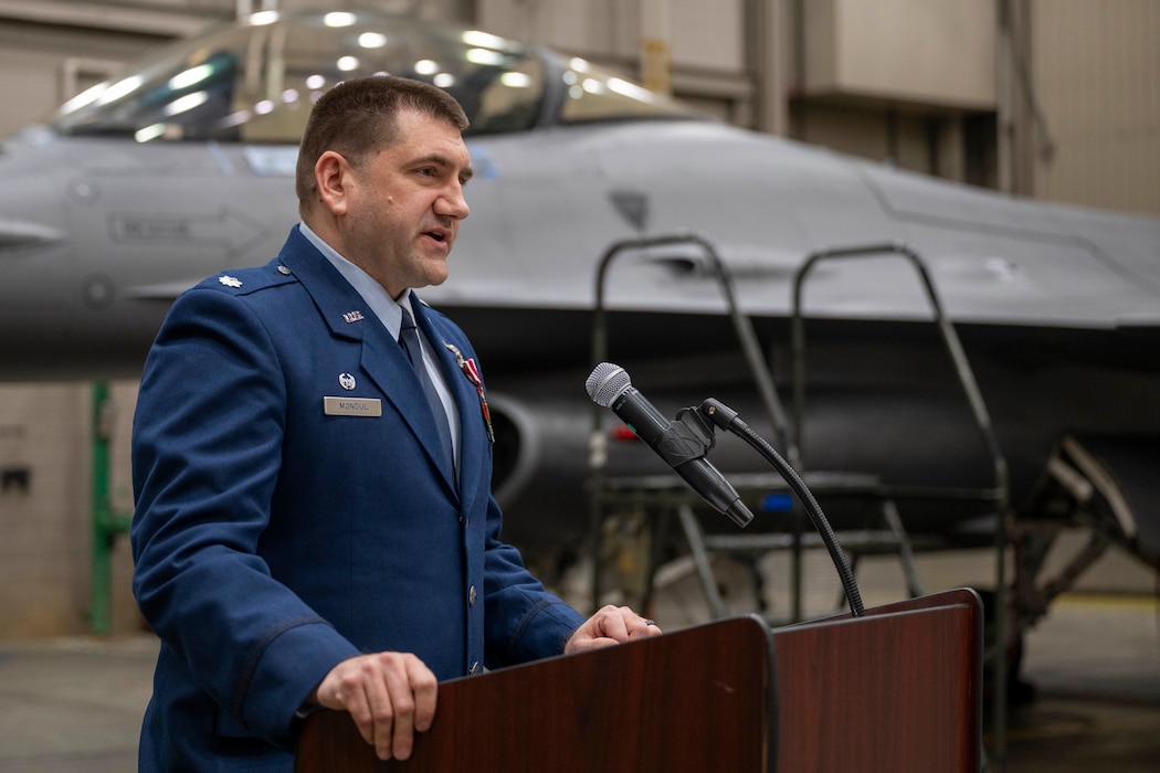 U.S. Air Force Lt. Col. Nathan Mondul, 18th Fighter Interceptor Squadron commander, gives a speech during a change of command ceremony at Eielson Air Force Base, Alaska, May 8, 2026.