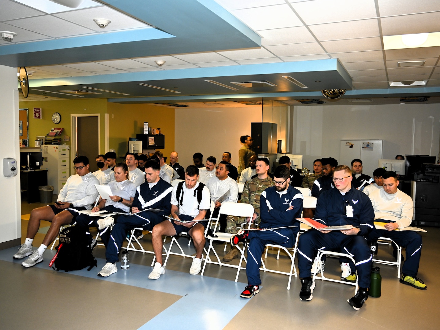 Airmen from Travis Air Force Base attend a Continuous Medical Readiness event at David Grant USAF Medical Center, Travis Air Force Base, Calif., February 24, 2026. The streamlined model allows Airmen to complete periodic health assessments, occupational health exams and dental evaluations in a single visit.