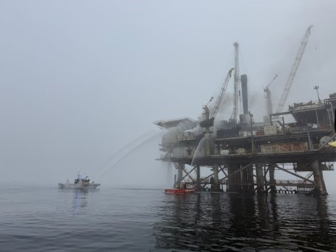 Coast Guard and agency partners respond to a fire onboard a non-operational natural gas platform offshore Santa Barbara, May 11, 2026. A fire occurred aboard platform Habitat when platform personnel were conducting decommissioning operations for the platform. All crew members were evacuated with no reported injuries. (U.S. Coast Guard Courtesy photo)