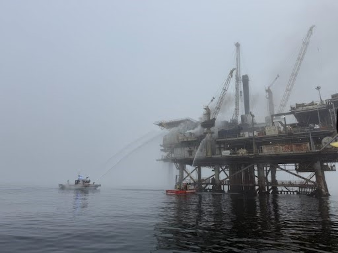 Coast Guard and agency partners respond to a fire onboard a non-operational natural gas platform offshore Santa Barbara, May 11, 2026. A fire occurred aboard platform Habitat when platform personnel were conducting decommissioning operations for the platform. All crew members were evacuated with no reported injuries. (U.S. Coast Guard Courtesy photo)