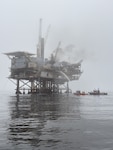 Coast Guard and agency partners respond to a fire onboard a non-operational natural gas platform offshore Santa Barbara, May 11, 2026. A fire occurred aboard platform Habitat when platform personnel were conducting decommissioning operations for the platform. All crew members were evacuated with no reported injuries. (U.S. Coast Guard Courtesy photo)