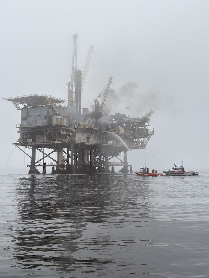Coast Guard and agency partners respond to a fire onboard a non-operational natural gas platform offshore Santa Barbara, May 11, 2026. A fire occurred aboard platform Habitat when platform personnel were conducting decommissioning operations for the platform. All crew members were evacuated with no reported injuries. (U.S. Coast Guard Courtesy photo)