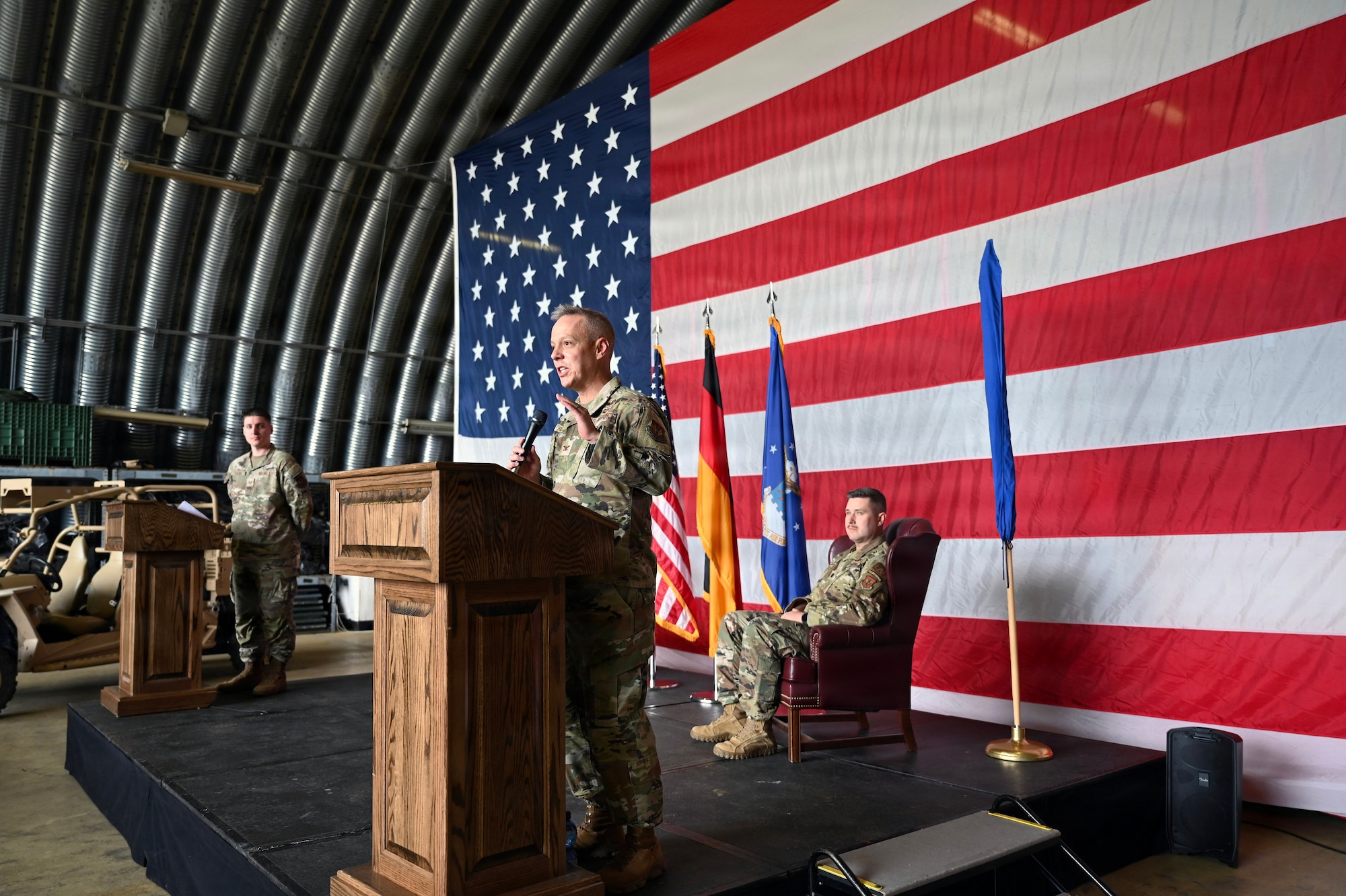 U.S. Air Force Col. Damon Field, 435th Contingency Response Group commander, and U.S. Air Force Lt. Col. David Deal, 435th Tactical Advisory Squadron commander, furl the 435th Contingency Response Support Squadron flag for the last time as the squadron is redesignated the 435 TAS May 8, 2026, at Ramstein Air Base, Germany.