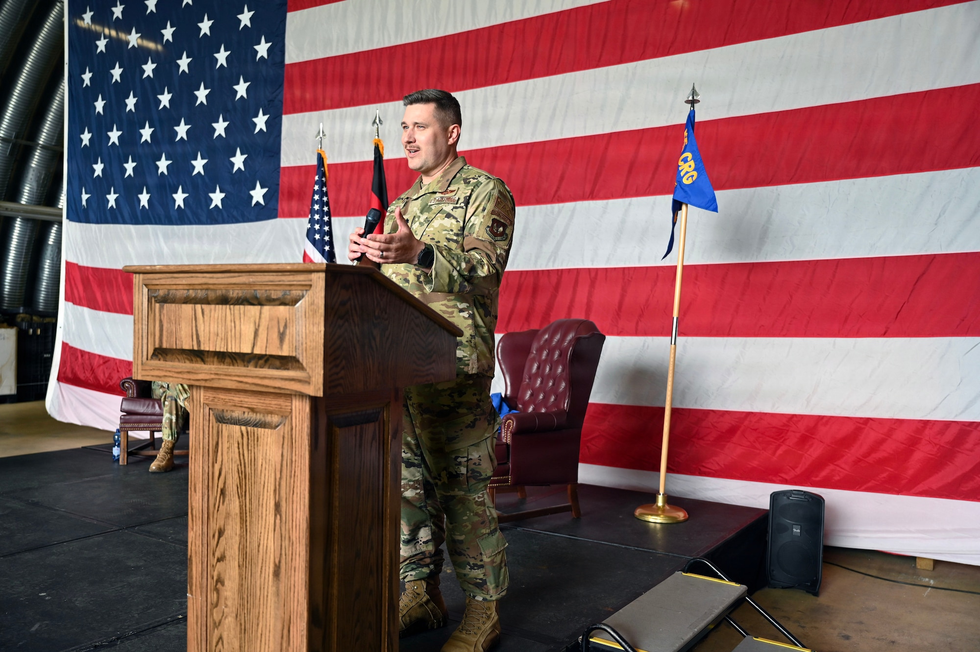 U.S. Air Force Lt. Col. David Deal, the first 435th Tactical Advisory Squadron commander, provides remarks at the 435 TAS Redesignation Ceremony, May 8, 2026, at Ramstein Air Base, Germany.