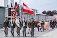 The 7th Army Training Command's Joint Multinational Readiness Center color guard marches during the Mauthausen Memorial's 81st Liberation Ceremony in Mauthausen, Austria, May 10, 2026. The U.S. delegation at the Mauthausen's International Liberation Ceremony was led by U.S. Embassy Vienna’s Ambassador Arthur Fisher; U.S. Army Col. Jonathan Drake, U.S. Embassy Vienna; and the State Department's Special Envoy for Holocaust Issues Ellen Germain, along with the 7th Army Training Command's Joint Multinational Readiness Center as the color and honor guards. (U.S. Army photo by Spc. Thomas Dixon)