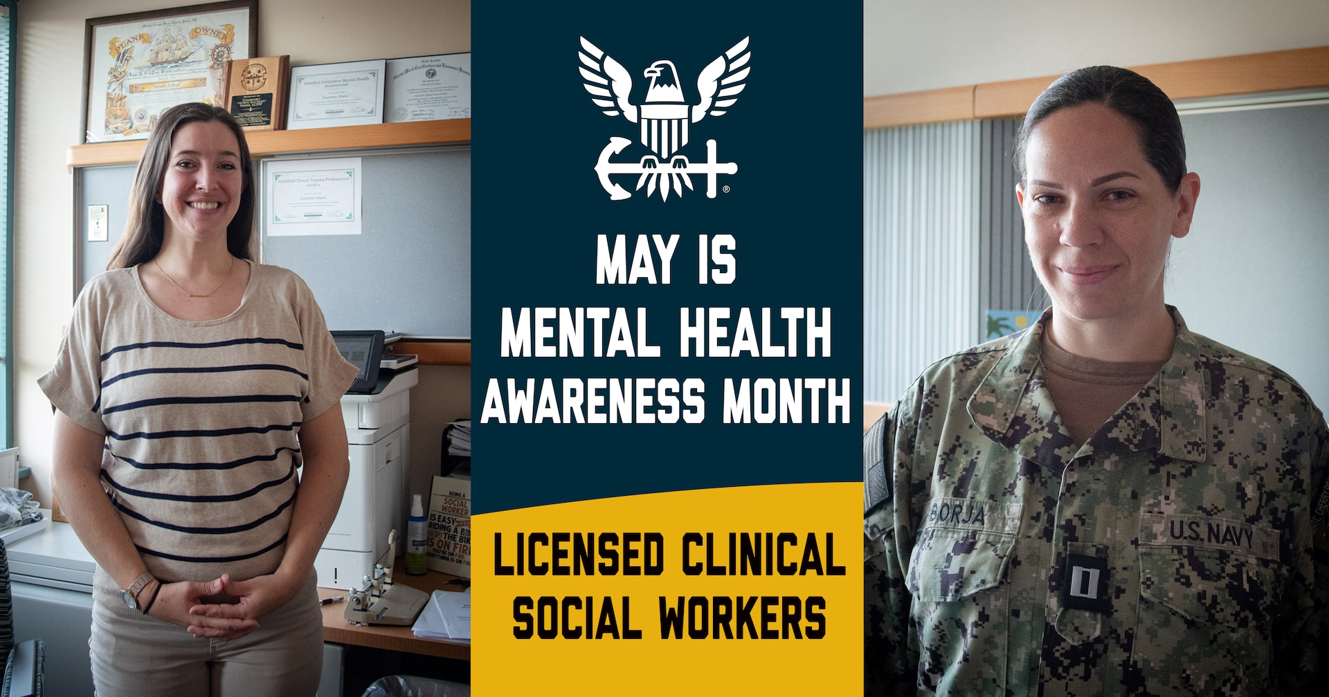 Courtney Hayes and Lt. Joelle Borja serve as Licensed Clinic Social Workers aboard Navy Medicine Readiness and Training Command Cherry Point.  They “Keep the Warfighter’s Mind in the Fight” aboard Marine Corps Air Station Cherry Point by ensuring the mental wellness and deployment suitability of Marines and Sailors stationed on the base.