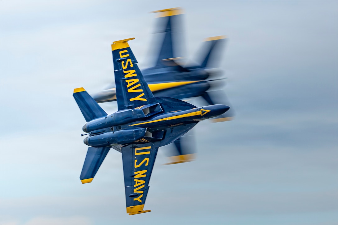 U.S. Navy Blue Angels perform aerial maneuvers during the 2026 Marine Corps Air Station Cherry Point Air Show at MCAS Cherry Point, North Carolina, May 9, 2026.  The Blue Angels celebrate 80 years of excellence by showcasing the professionalism and precision of the U.S. Marine Corps and U.S. Navy through premier flight demonstrations. The 2026 MCAS Cherry Point Air Show, held in celebration of America’s 250th birthday and headlined by the Blue Angels, is a biennial community outreach event that honors the enduring partnership between Marine Corps Air Station Cherry Point and the communities of eastern North Carolina while showcasing the power, precision and expeditionary capabilities of Marine Corps aviation. (U.S. Marine Corps photo by Cpl. Matthew Williams)