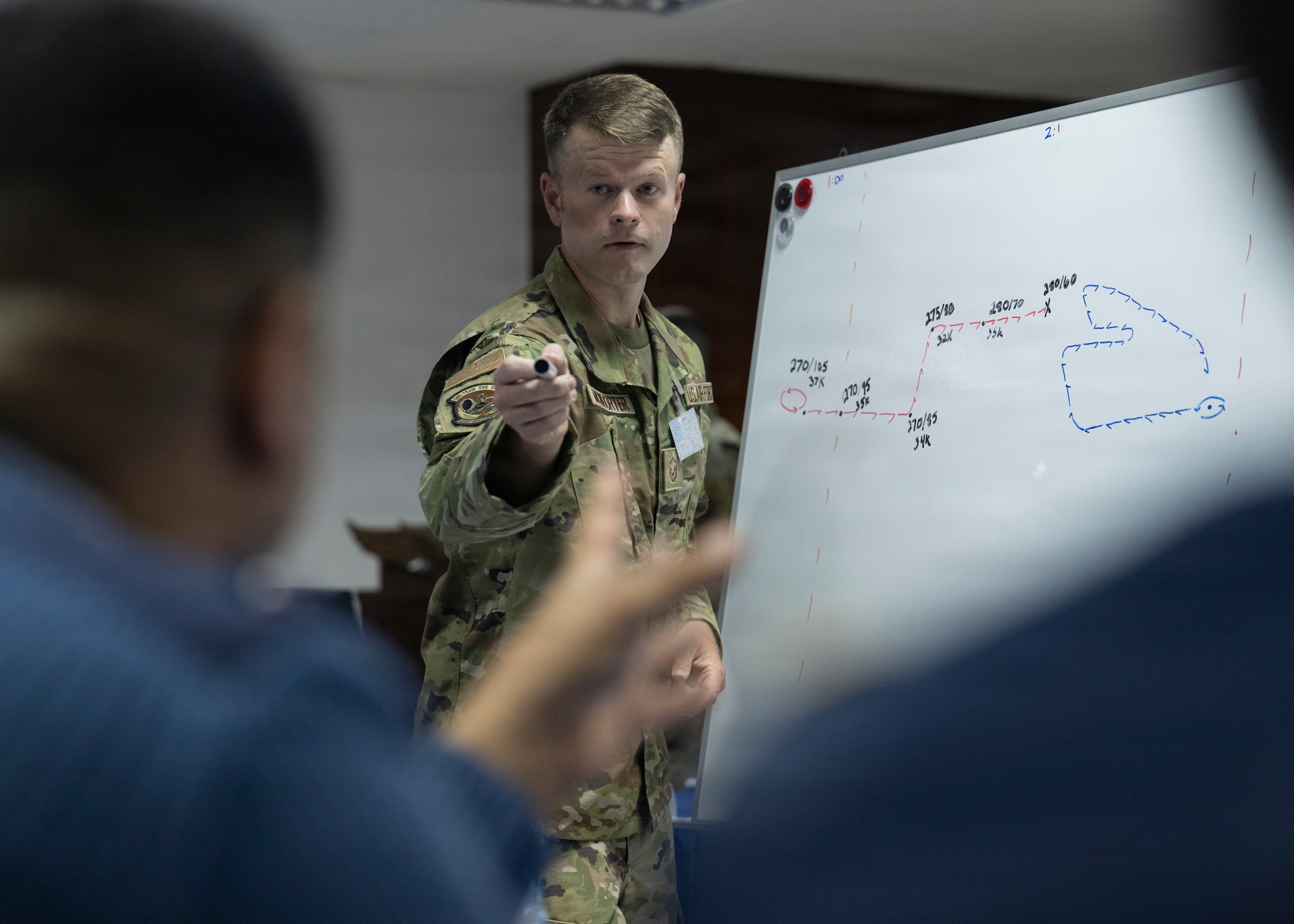 a man pointing at another man in a classroom
