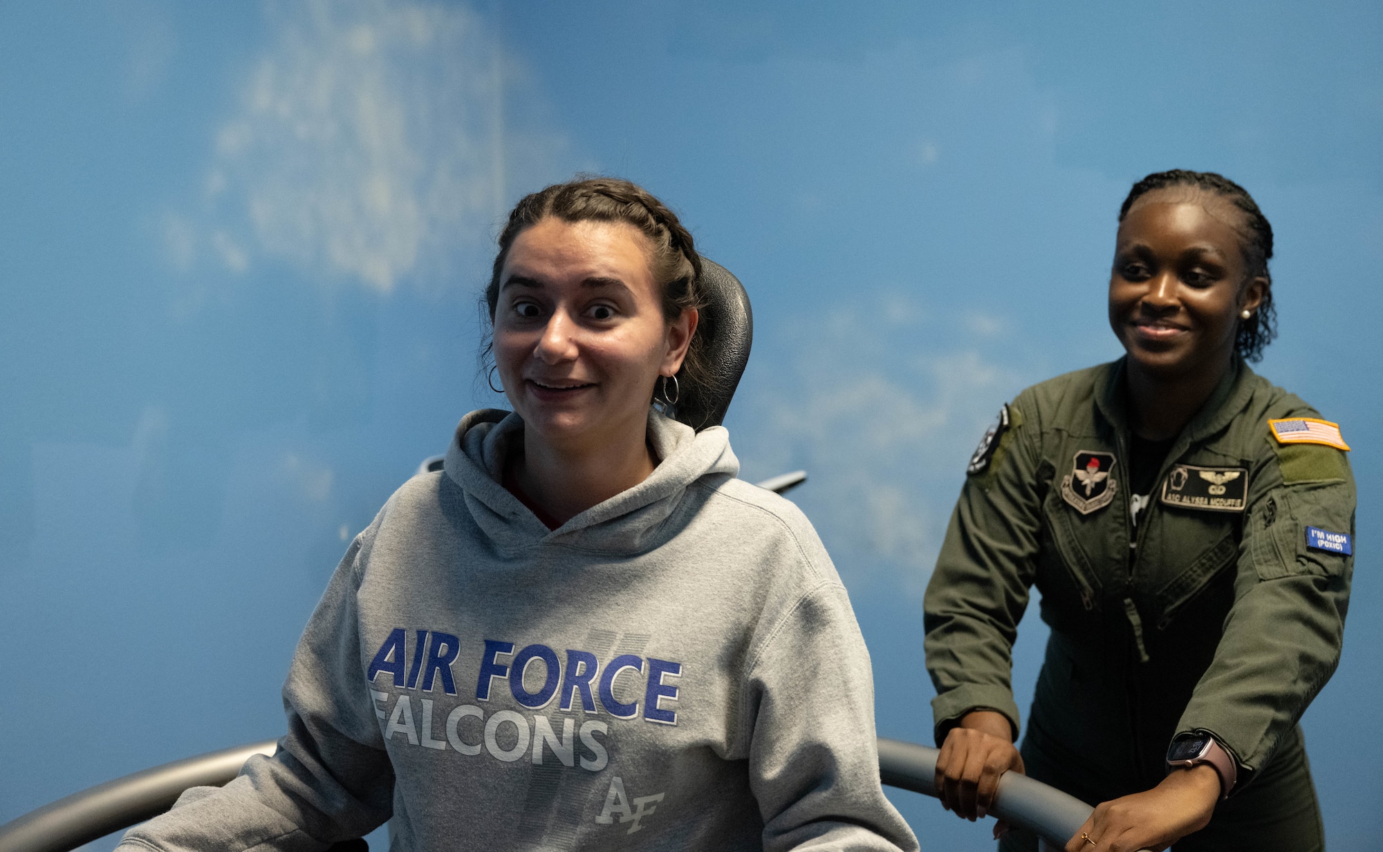 A military spouse sits in a Barany Chair during Military Spouse Appreciation Day at Laughlin Air Force Base, Texas, May 8, 2026. Military spouses and families received tours from various units throughout the base to learn about their daily operations. (U.S. Air Force photo by Airman 1st Class Darryl Keith)