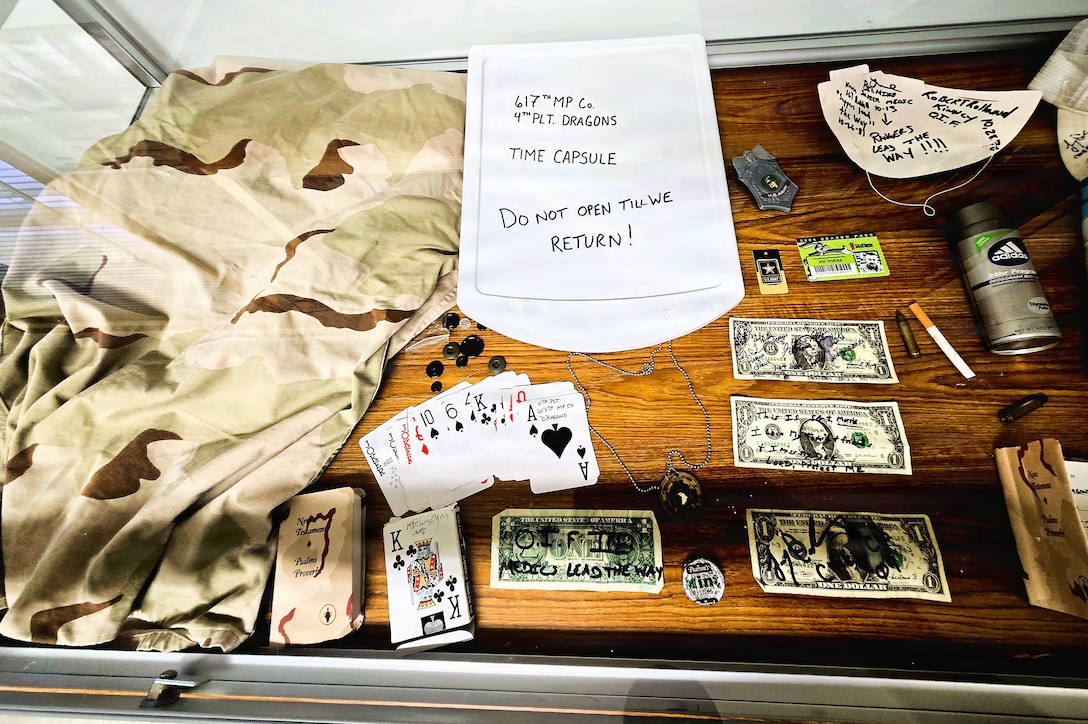 A full display of the 617th Military Police Company time capsule discovered at Fort McCoy is shown April 29, 2026, that is now on display at the Fort McCoy History Center at Fort McCoy, Wis. In November 2004, the 617th Military Police Company of the Kentucky National Guard was one of many military units completing their mobilization at Fort McCoy for deployment.
