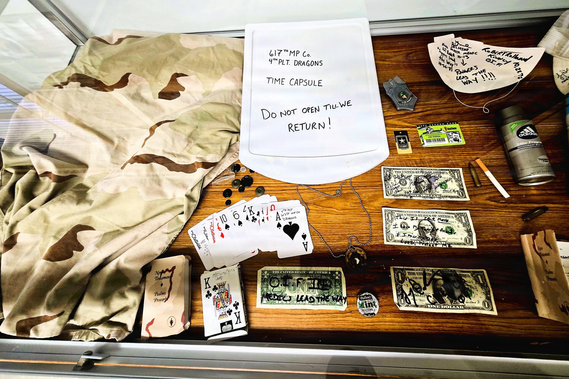 A full display of the 617th Military Police Company time capsule discovered at Fort McCoy is shown April 29, 2026, that is now on display at the Fort McCoy History Center at Fort McCoy, Wis. In November 2004, the 617th Military Police Company of the Kentucky National Guard was one of many military units completing their mobilization at Fort McCoy for deployment.