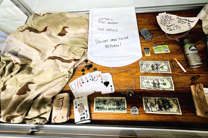 A full display of the 617th Military Police Company time capsule discovered at Fort McCoy is shown April 29, 2026, that is now on display at the Fort McCoy History Center at Fort McCoy, Wis. In November 2004, the 617th Military Police Company of the Kentucky National Guard was one of many military units completing their mobilization at Fort McCoy for deployment.