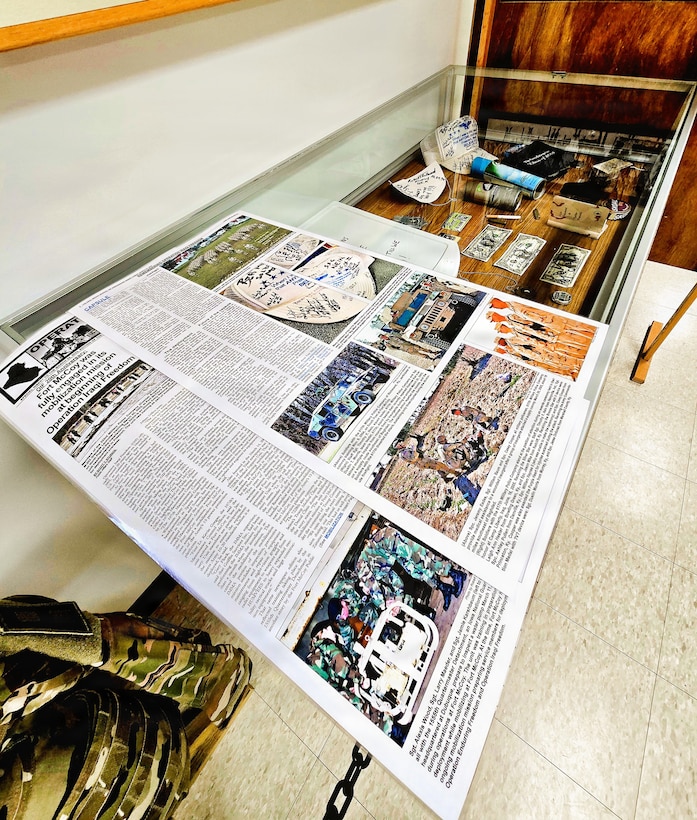 A full display of the 617th Military Police Company time capsule discovered at Fort McCoy is shown April 29, 2026, that is now on display at the Fort McCoy History Center at Fort McCoy, Wis. In November 2004, the 617th Military Police Company of the Kentucky National Guard was one of many military units completing their mobilization at Fort McCoy for deployment.