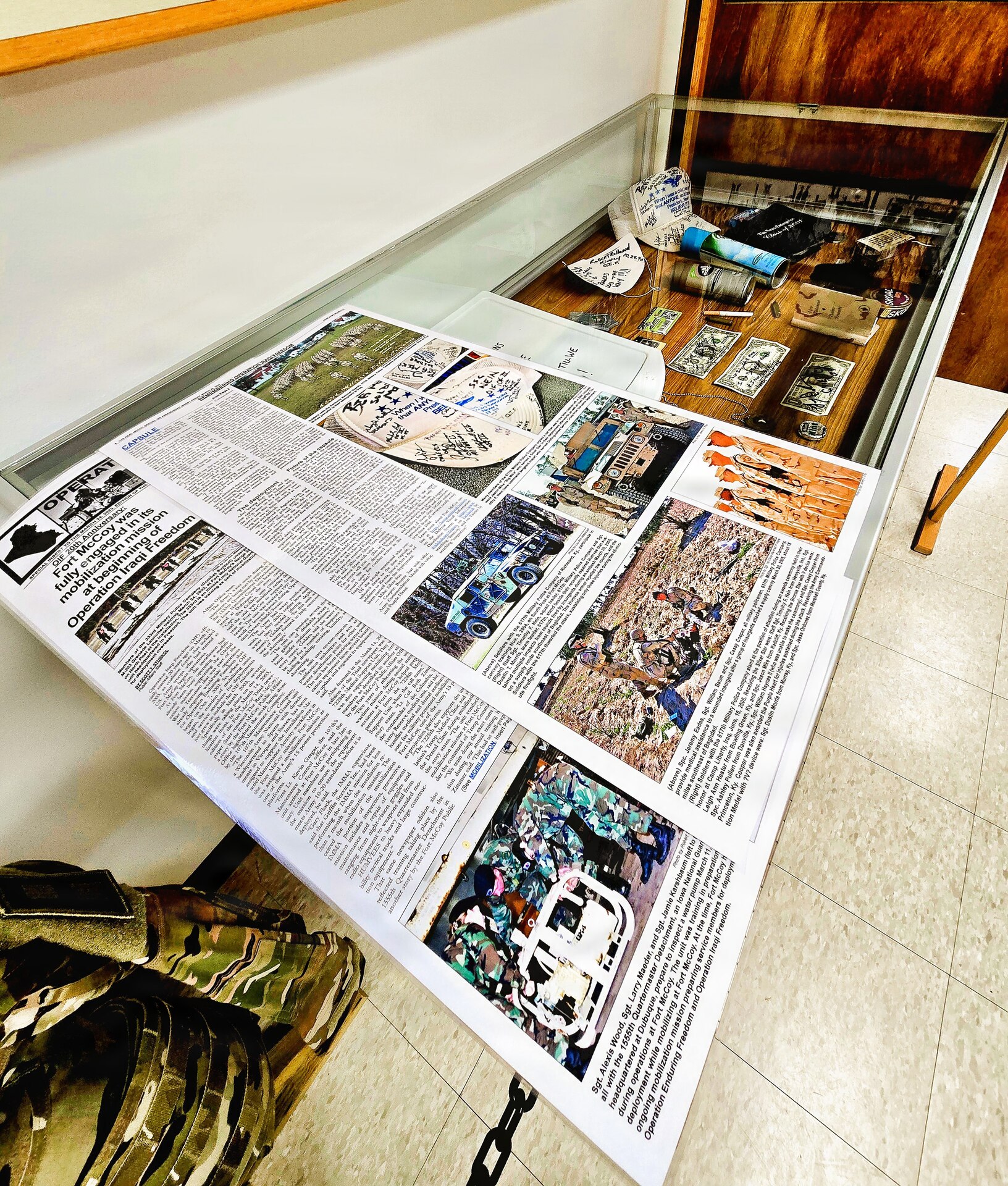 A full display of the 617th Military Police Company time capsule discovered at Fort McCoy is shown April 29, 2026, that is now on display at the Fort McCoy History Center at Fort McCoy, Wis. In November 2004, the 617th Military Police Company of the Kentucky National Guard was one of many military units completing their mobilization at Fort McCoy for deployment.