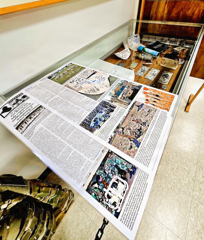 A full display of the 617th Military Police Company time capsule discovered at Fort McCoy is shown April 29, 2026, that is now on display at the Fort McCoy History Center at Fort McCoy, Wis. In November 2004, the 617th Military Police Company of the Kentucky National Guard was one of many military units completing their mobilization at Fort McCoy for deployment.