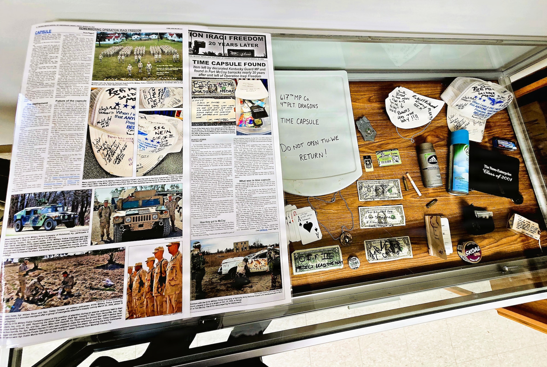 A full display of the 617th Military Police Company time capsule discovered at Fort McCoy is shown April 29, 2026, that is now on display at the Fort McCoy History Center at Fort McCoy, Wis. In November 2004, the 617th Military Police Company of the Kentucky National Guard was one of many military units completing their mobilization at Fort McCoy for deployment.