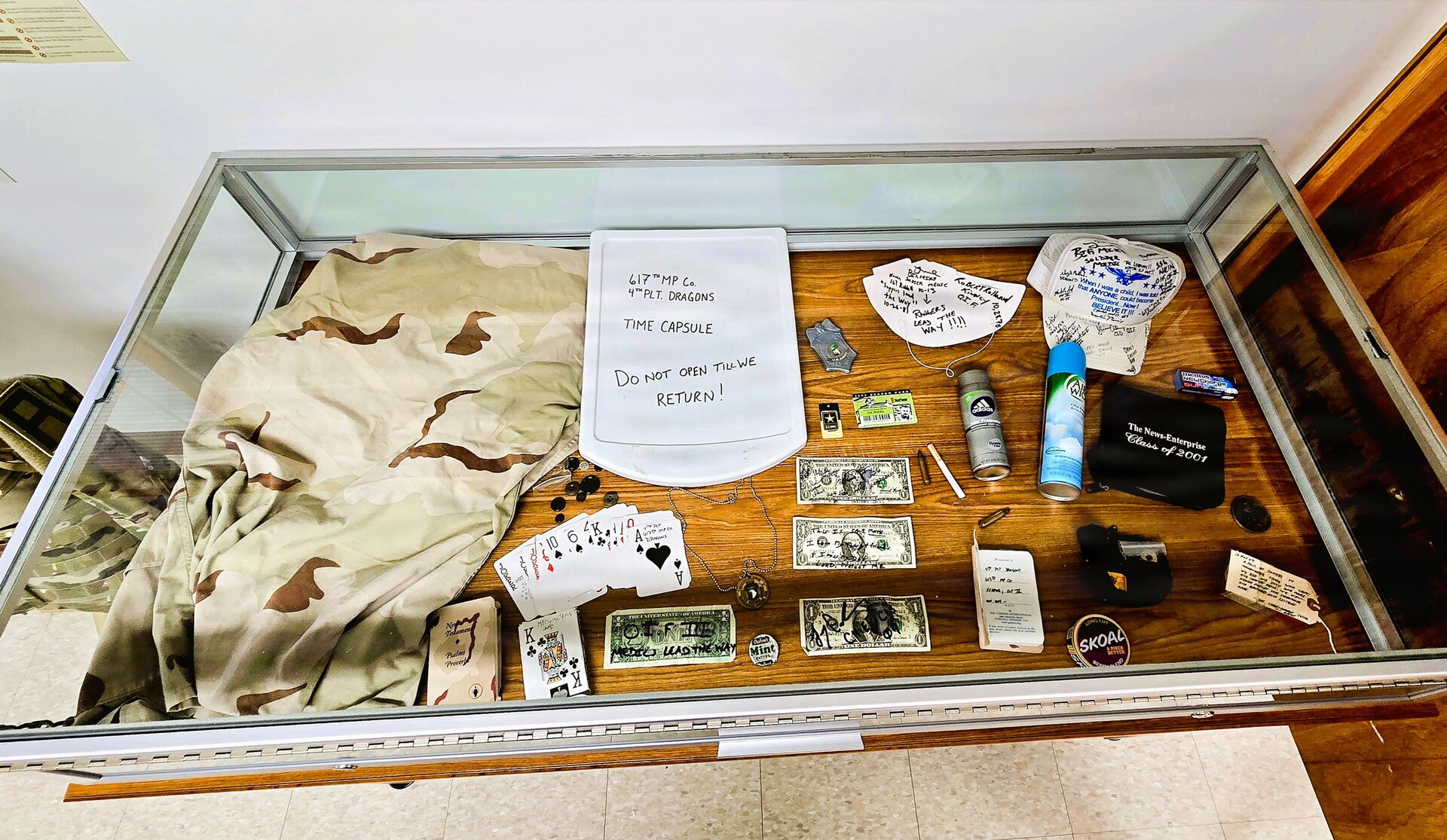 A full display of the 617th Military Police Company time capsule discovered at Fort McCoy is shown April 29, 2026, that is now on display at the Fort McCoy History Center at Fort McCoy, Wis. In November 2004, the 617th Military Police Company of the Kentucky National Guard was one of many military units completing their mobilization at Fort McCoy for deployment.