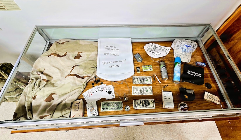 A full display of the 617th Military Police Company time capsule discovered at Fort McCoy is shown April 29, 2026, that is now on display at the Fort McCoy History Center at Fort McCoy, Wis. In November 2004, the 617th Military Police Company of the Kentucky National Guard was one of many military units completing their mobilization at Fort McCoy for deployment.