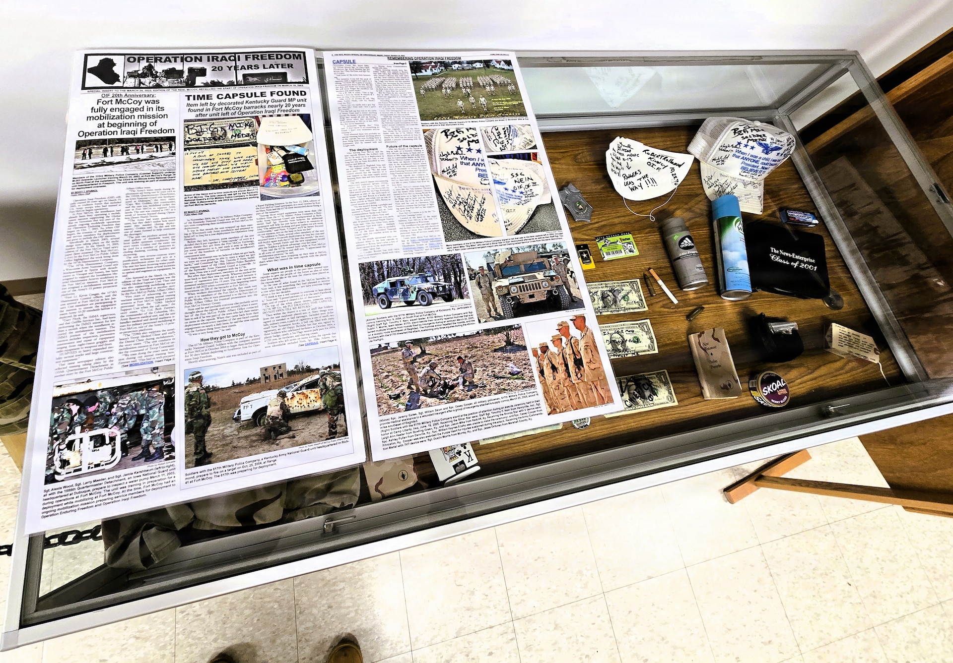 A full display of the 617th Military Police Company time capsule discovered at Fort McCoy is shown April 29, 2026, that is now on display at the Fort McCoy History Center at Fort McCoy, Wis. In November 2004, the 617th Military Police Company of the Kentucky National Guard was one of many military units completing their mobilization at Fort McCoy for deployment.