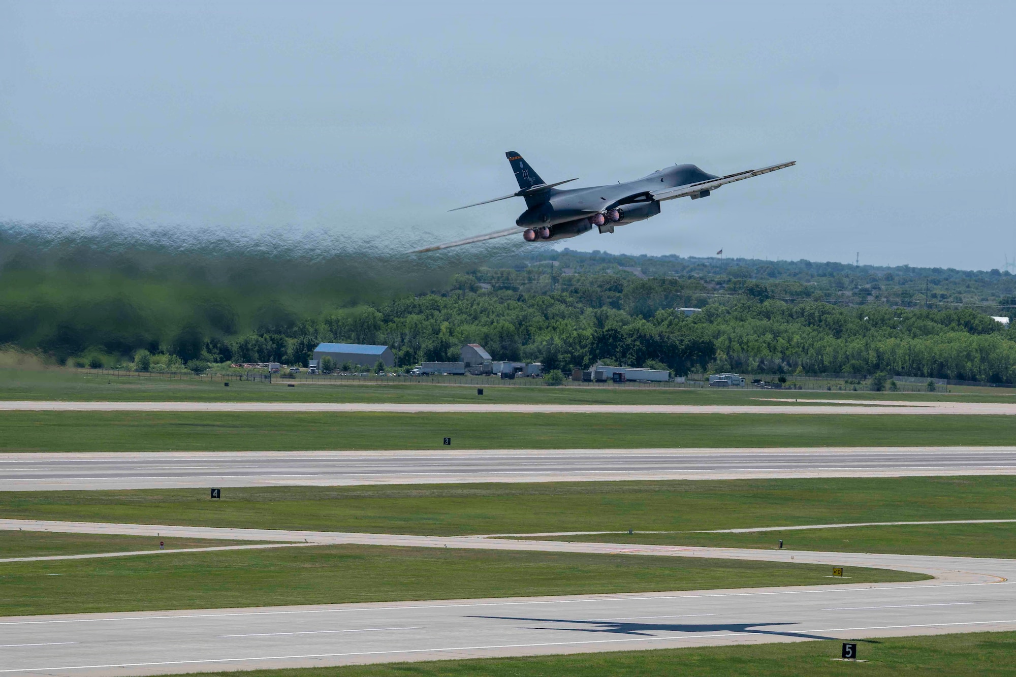 A B-1B Lancer from Dyess Air Force Base, Texas, takes off from McConnell Air Force Base, Kansas, May 11, 2026. The Lancer underwent a preemptive replacement of its Forward Intermediate Fuselage with Wichita State University’s National Institute for Aviation Research to extend the life of the B-1 and require fewer inspections moving forward. (U.S. Air Force photo by Staff Sgt. Joshua Hoskins)