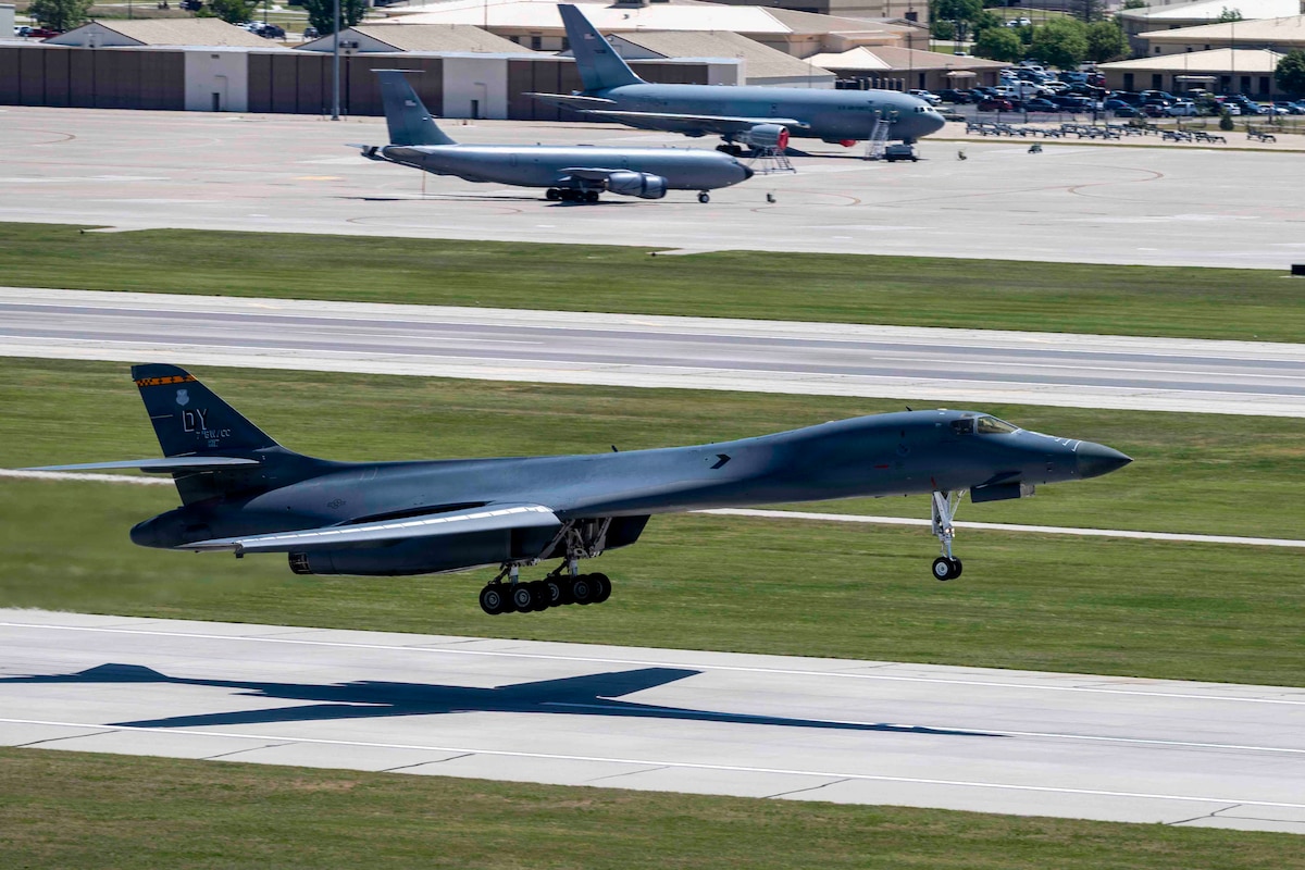 A B-1B Lancer from Dyess Air Force Base, Texas, takes off from McConnell Air Force Base, Kansas, May 11, 2026. The Lancer underwent a preemptive replacement of its Forward Intermediate Fuselage with Wichita State University’s National Institute for Aviation Research to extend the life of the B-1 and require fewer inspections moving forward. (U.S. Air Force photo by Staff Sgt. Joshua Hoskins)