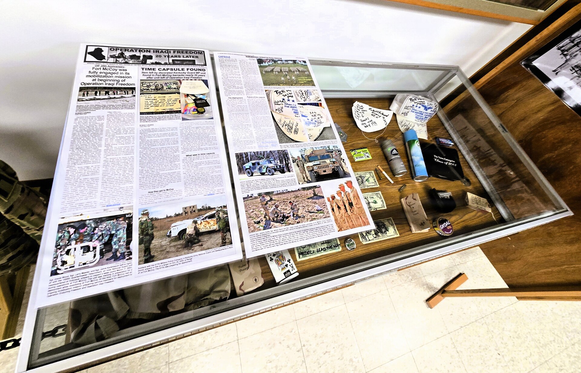 A full display of the 617th Military Police Company time capsule discovered at Fort McCoy is shown April 29, 2026, that is now on display at the Fort McCoy History Center at Fort McCoy, Wis. In November 2004, the 617th Military Police Company of the Kentucky National Guard was one of many military units completing their mobilization at Fort McCoy for deployment.
