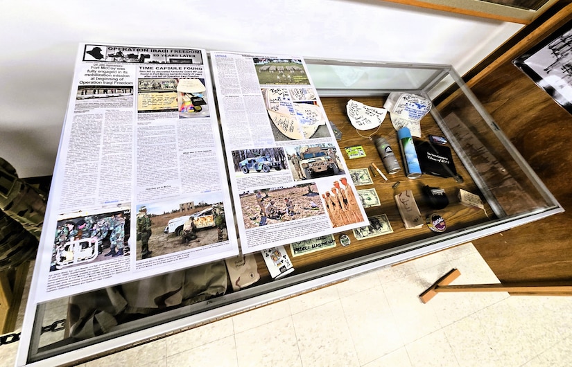 A full display of the 617th Military Police Company time capsule discovered at Fort McCoy is shown April 29, 2026, that is now on display at the Fort McCoy History Center at Fort McCoy, Wis. In November 2004, the 617th Military Police Company of the Kentucky National Guard was one of many military units completing their mobilization at Fort McCoy for deployment.