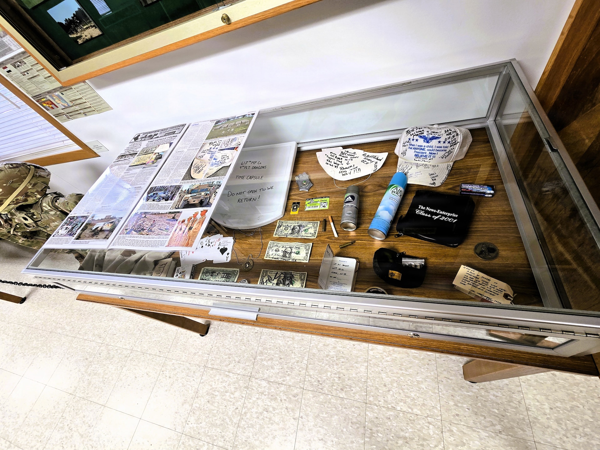 A full display of the 617th Military Police Company time capsule discovered at Fort McCoy is shown April 29, 2026, that is now on display at the Fort McCoy History Center at Fort McCoy, Wis. In November 2004, the 617th Military Police Company of the Kentucky National Guard was one of many military units completing their mobilization at Fort McCoy for deployment.
