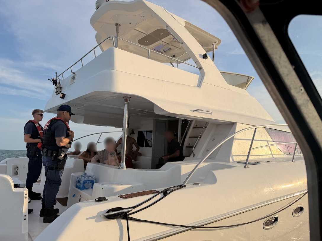 A Coast Guard Station Fort Myers Beach law enforcement crew terminated an illegal charter voyage, Saturday, near San Carlos Bay. The owner of the 42-foot motor yacht was determined to be in violation of an active federal Captain of the Port Order issued May 6. The voyage was terminated and cited for multiple violations. (U.S. Coast Guard Photo)