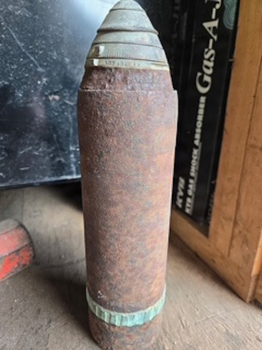 McConnell’s explosive ordnance disposal team responds to a call from the El Dorado Police Department to dispose of a World War I Mark I Shrapnel Projectile device in El Dorado, Kansas, May 3, 2026. The munition is a World War I-era, spin-stabilized anti-personnel projectile designed to airburst and release lead balls over enemy infantry. (Courtesy photo)