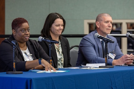 From left to right, Natasha Anderson, Office of the Assistant Secretary of the Army for Financial Management and Comptroller Financial Operations and Accounting director; Monica Hutton, Defense Finance and Accounting Service Audit Support director; and Dave Bush, DFAS Audit Support director, take part in an audit panel discussion during the 2026 U.S. Army-DFAS Financial Management Workshop at the Maj. Gen. Emmett J. Bean Federal Center May 12, 2026. The two-day, in-person workshop, hosted by both the OASA (FM&C) and DFAS, brought together financial management leaders from around the Department of War, OASA (FM&C), DFAS and the U.S. Army Financial Management Command to coordinate on key initiatives such as audit readiness, reorganizations, total force pay, and more. (U.S. Army photo by Mark R. W. Orders-Woempner)