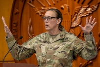 Col. Michelle M. Williams, U.S. Army Financial Management Command commander, gives a briefing on USAFMCOM during the 2026 U.S. Army-Defense Finance and Accounting Service Financial Management Workshop at the Maj. Gen. Emmett J. Bean Federal Center May 12, 2026. The two-day, in-person workshop, hosted by both the Office of the Assistant Secretary of the Army and DFAS, brought together financial management leaders from around the Department of War, OASA (FM&C), DFAS and the USAFMCOM to coordinate on key initiatives such as audit readiness, reorganizations, total force pay, and more. (U.S. Army photo by Mark R. W. Orders-Woempner)