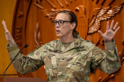 Col. Michelle M. Williams, U.S. Army Financial Management Command commander, gives a briefing on USAFMCOM during the 2026 U.S. Army-Defense Finance and Accounting Service Financial Management Workshop at the Maj. Gen. Emmett J. Bean Federal Center May 12, 2026. The two-day, in-person workshop, hosted by both the Office of the Assistant Secretary of the Army and DFAS, brought together financial management leaders from around the Department of War, OASA (FM&C), DFAS and the USAFMCOM to coordinate on key initiatives such as audit readiness, reorganizations, total force pay, and more. (U.S. Army photo by Mark R. W. Orders-Woempner)