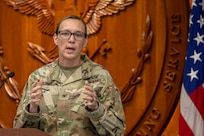 Col. Michelle M. Williams, U.S. Army Financial Management Command commander, gives a briefing on USAFMCOM during the 2026 U.S. Army-Defense Finance and Accounting Service Financial Management Workshop at the Maj. Gen. Emmett J. Bean Federal Center May 12, 2026. The two-day, in-person workshop, hosted by both the Office of the Assistant Secretary of the Army and DFAS, brought together financial management leaders from around the Department of War, OASA (FM&C), DFAS and the USAFMCOM to coordinate on key initiatives such as audit readiness, reorganizations, total force pay, and more. (U.S. Army photo by Mark R. W. Orders-Woempner)