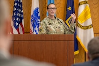 Col. Michelle M. Williams, U.S. Army Financial Management Command commander, gives a briefing on USAFMCOM during the 2026 U.S. Army-Defense Finance and Accounting Service Financial Management Workshop at the Maj. Gen. Emmett J. Bean Federal Center May 12, 2026. The two-day, in-person workshop, hosted by both the Office of the Assistant Secretary of the Army and DFAS, brought together financial management leaders from around the Department of War, OASA (FM&C), DFAS and the USAFMCOM to coordinate on key initiatives such as audit readiness, reorganizations, total force pay, and more. (U.S. Army photo by Mark R. W. Orders-Woempner)