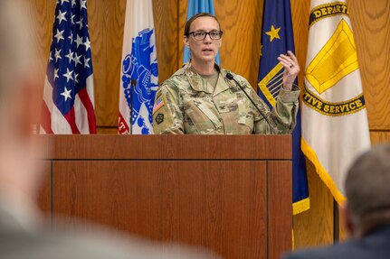 Col. Michelle M. Williams, U.S. Army Financial Management Command commander, gives a briefing on USAFMCOM during the 2026 U.S. Army-Defense Finance and Accounting Service Financial Management Workshop at the Maj. Gen. Emmett J. Bean Federal Center May 12, 2026. The two-day, in-person workshop, hosted by both the Office of the Assistant Secretary of the Army and DFAS, brought together financial management leaders from around the Department of War, OASA (FM&C), DFAS and the USAFMCOM to coordinate on key initiatives such as audit readiness, reorganizations, total force pay, and more. (U.S. Army photo by Mark R. W. Orders-Woempner)