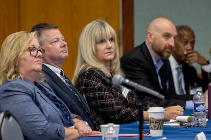 From left to right, Shirley Reed, Defense Finance and Accounting Service Columbus site director; Shawn McCracken, DFAS Indianapolis site director; Melissa Sikora, DFAS Enterprise Accounting and Audit Support director; Russell Card, Office of the Assistant Secretary of the Army for Financial Management and Comptroller Financial Operations and Accounting Oversight director; and Mike LaValle, DFAS client executive liaison to the U.S. Army, listen to Shawn Lennon, Department of War assistant deputy chief financial officer, during the 2026 U.S. Army-DFAS Financial Management Workshop at the Maj. Gen. Emmett J. Bean Federal Center May 12, 2026. The two-day, in-person workshop, hosted by both the Office of the Assistant Secretary of the Army and DFAS, brought together financial management leaders from around the DOW, OASA (FM&C), DFAS and the U.S. Army Financial Management Command to coordinate on key initiatives such as audit readiness, reorganizations, total force pay, and more. (U.S. Army photo by Mark R. W. Orders-Woempner)