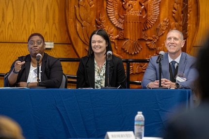 From left to right, Natasha Anderson, Office of the Assistant Secretary of the Army for Financial Management and Comptroller Financial Operations and Accounting director; Monica Hutton, Defense Finance and Accounting Service Audit Support director; and Dave Bush, DFAS Audit Support director, take part in an audit panel discussion during the 2026 U.S. Army-DFAS Financial Management Workshop at the Maj. Gen. Emmett J. Bean Federal Center May 12, 2026. The two-day, in-person workshop, hosted by both the OASA (FM&C) and DFAS, brought together financial management leaders from around the Department of War, OASA (FM&C), DFAS and the U.S. Army Financial Management Command to coordinate on key initiatives such as audit readiness, reorganizations, total force pay, and more. (U.S. Army photo by Mark R. W. Orders-Woempner)
