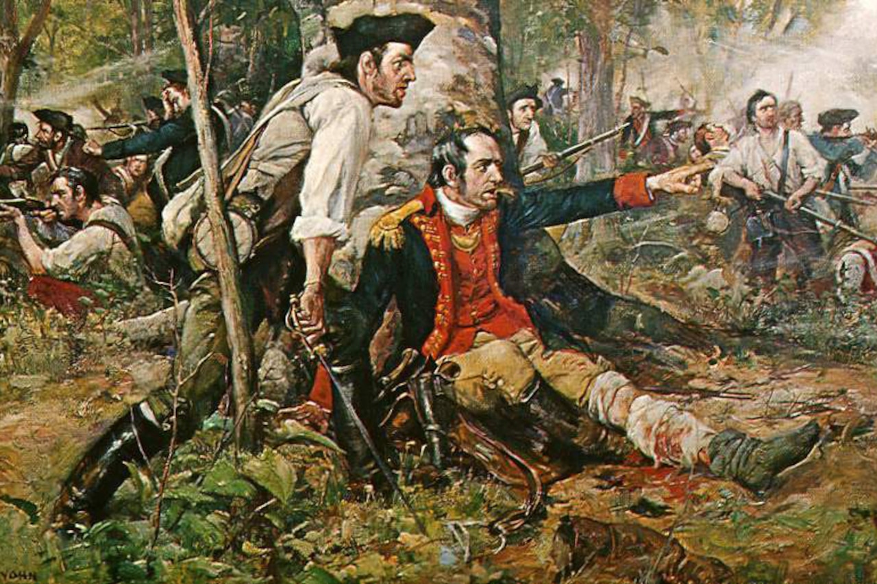 A painting depicts men in Revolutionary War uniforms fighting with long guns while some are wounded.