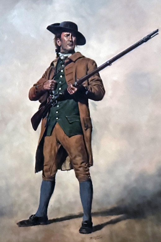 A painting shows a man in a Revolutionary War uniform holding a musket.