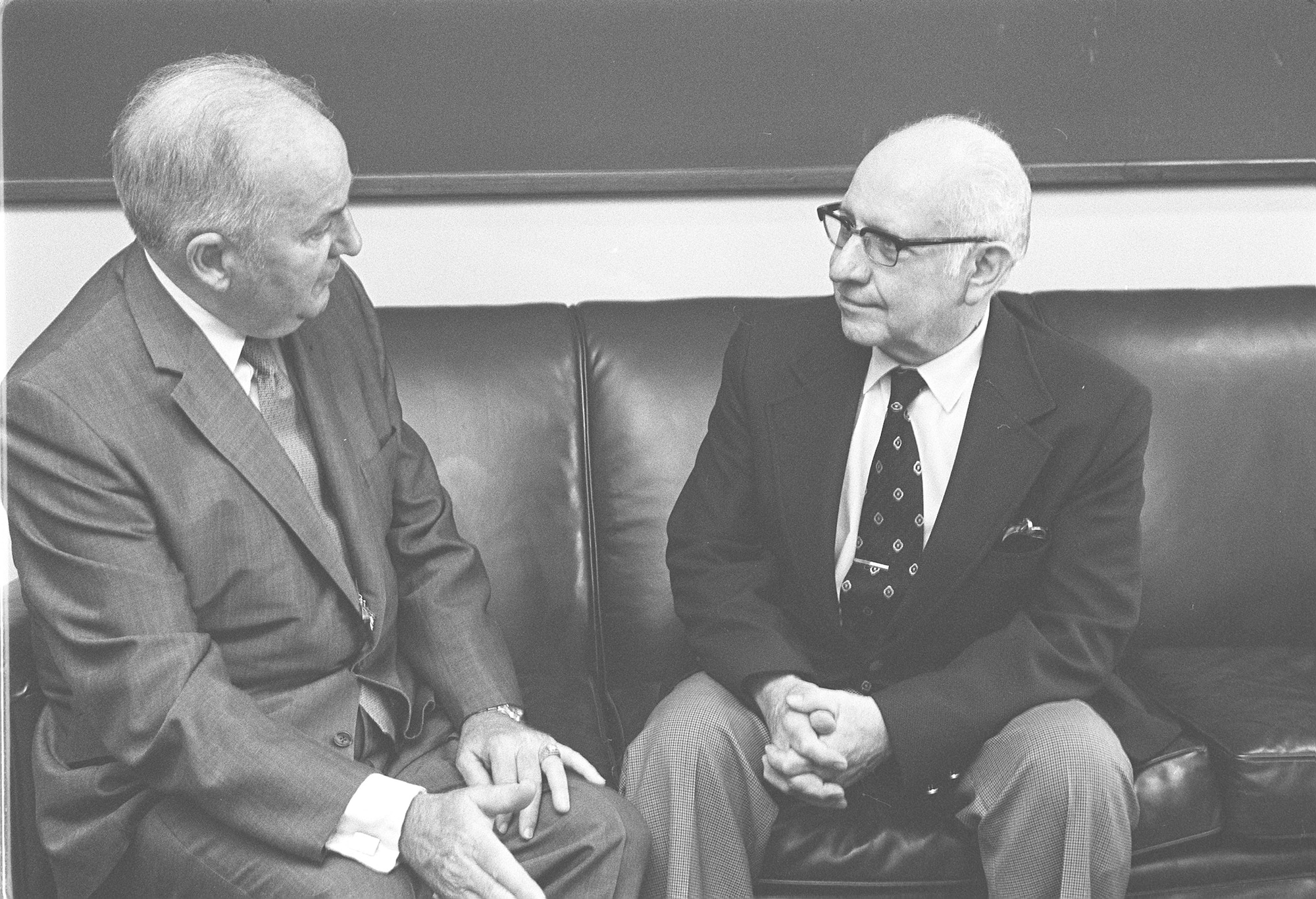 American scientist Frank Wattendorf, right, speaks with Arnold Research Organization President Bob Williams during a visit to the Arnold Engineering Development Center in September 1974. Wattendorf is considered one of the founding fathers of AEDC. His Trans-Atlantic Memo, written following a 1945 survey of captured German test facilities with other members of the Scientific Advisory Group, was the first recommendation of a facility such as AEDC. (U.S. Air Force photo)