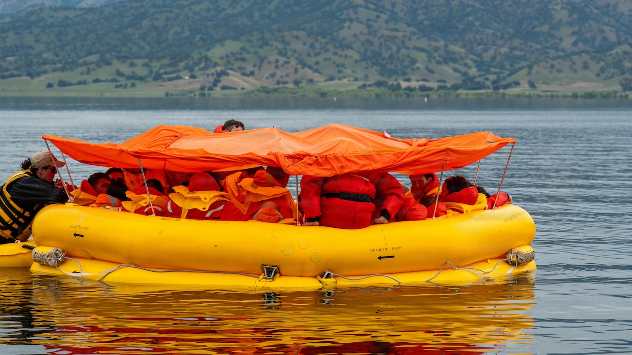 a raft in water.