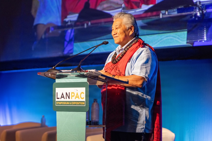 Mr. Kumu Ramsay Taum, Founder and Kumu in Residence, offers the blessing during the opening ceremony of the 2026 Land Forces Pacific (LANPAC) Symposium and Exposition at the Sheraton Waikiki, May 12, 2026. Taum spoke about the concepts of Aloha, giving and receiving, and reciprocity. (U.S. Army photo by Deneisha Owens-McParland)